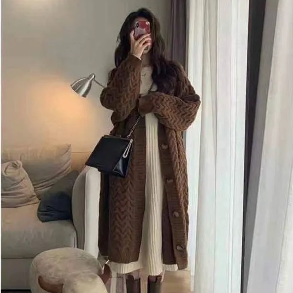 Yesstyle - Coffee Brown long Cardigan - Yesstyle